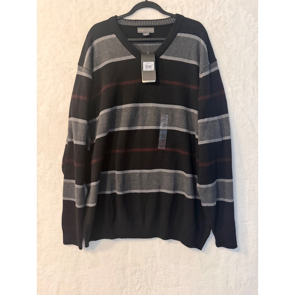 Tricots St Raphael Mens 3XLT Sweater V-Neck Striped Cotton Black Grey Tall NEW